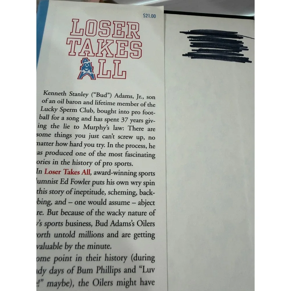 Loser Takes All Ed Fowler Signed Hardcover Bud Adams Houston Oilers Football